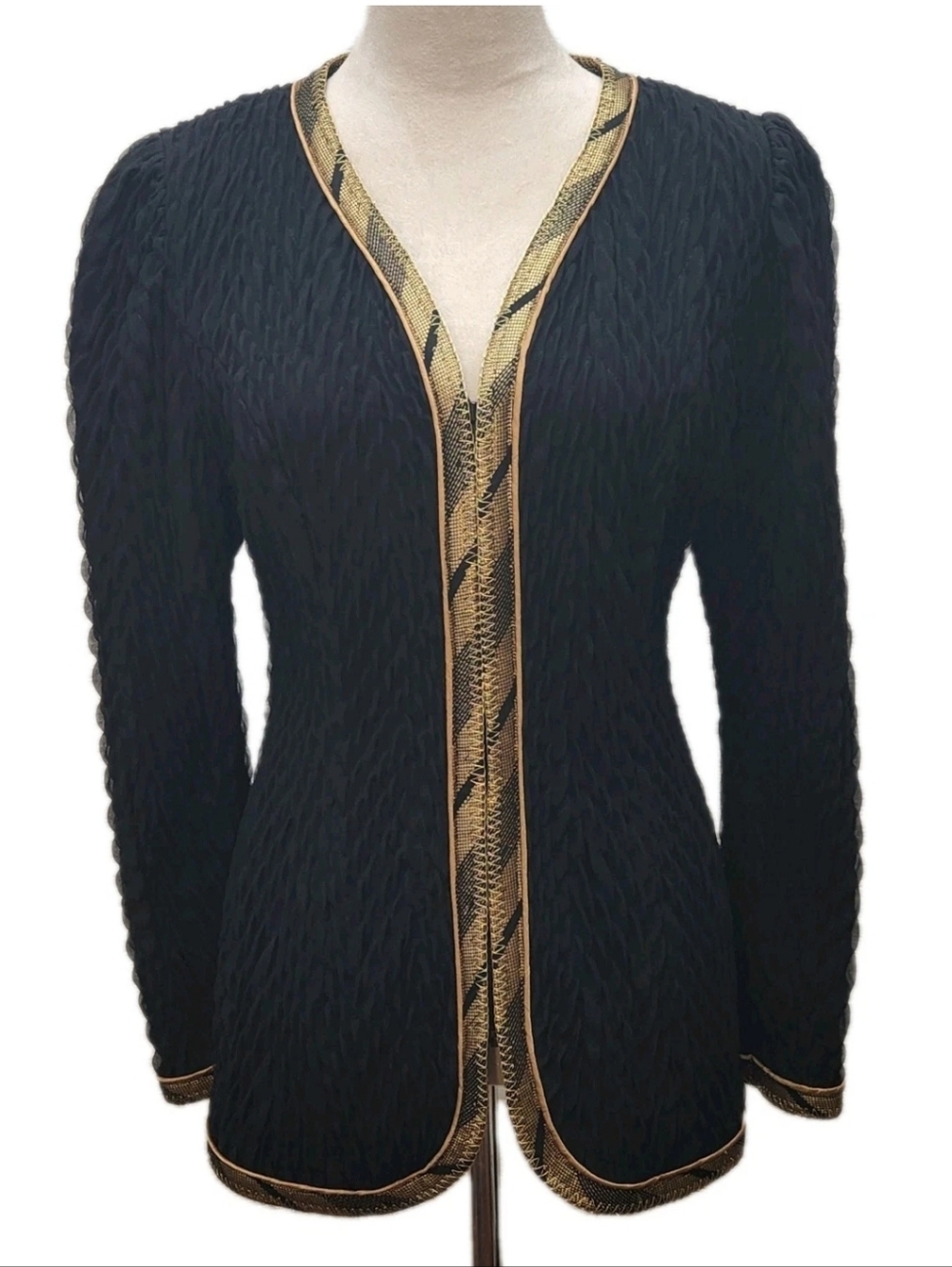 Vintage Jeanne Marc Black Gold Jacket Crinkle Ruched Women's Size Small 8/10